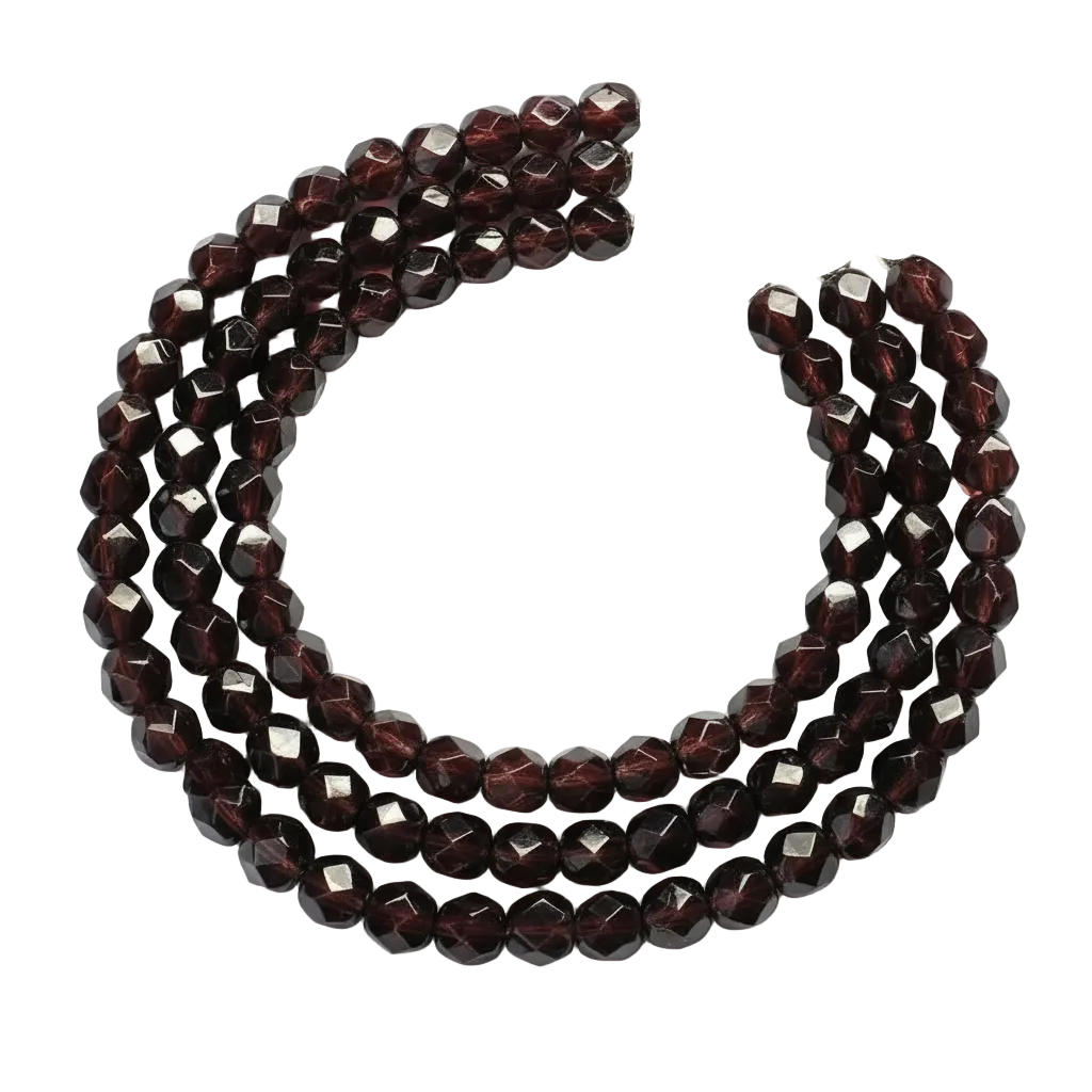 A multi-strand beaded necklace featuring faceted dark red garnet beads and a silver-tone lobster clasp, displayed on a clean white background.