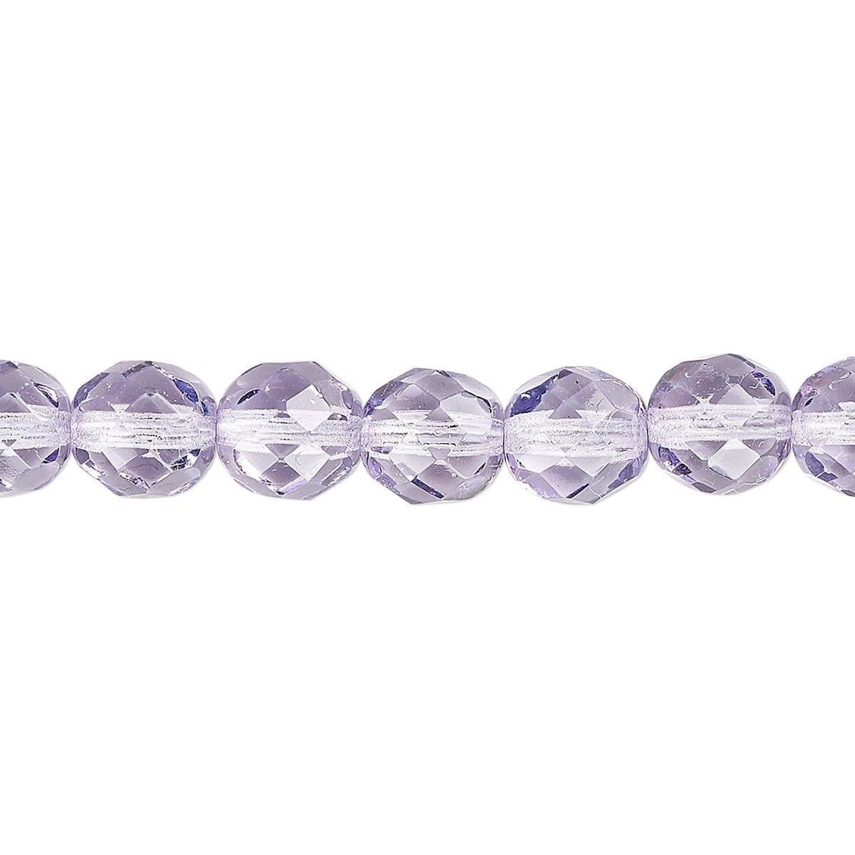 Faceted round beads in a light lavender purple color, shown in a horizontal line on a plain white background.