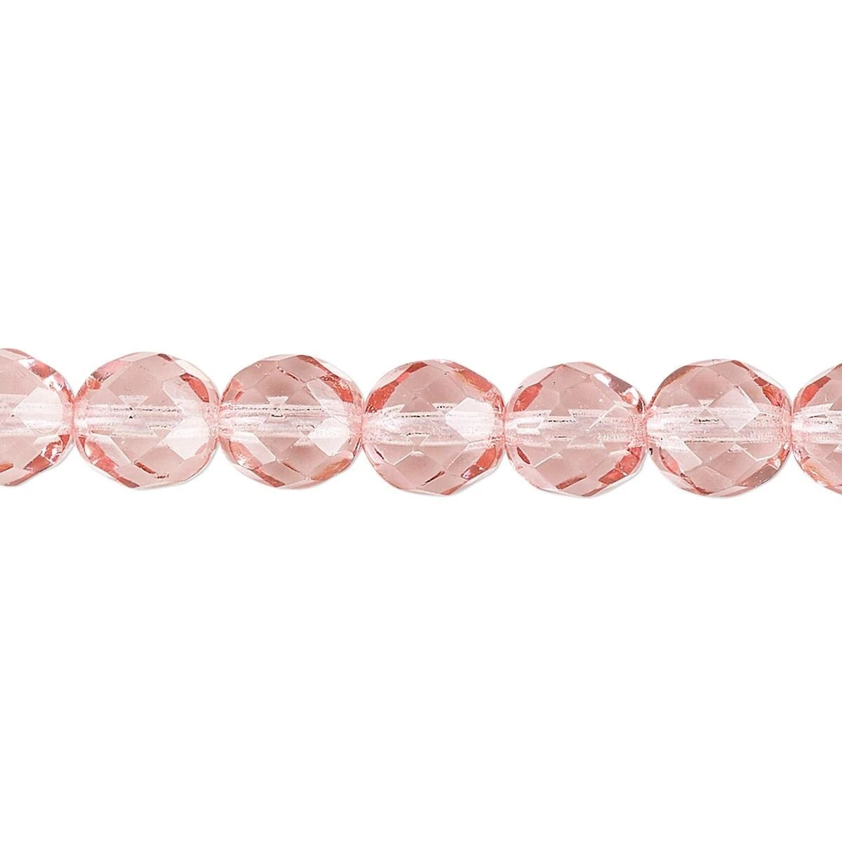 Faceted round beads in a light pink color, shown in a horizontal line on a plain white background.