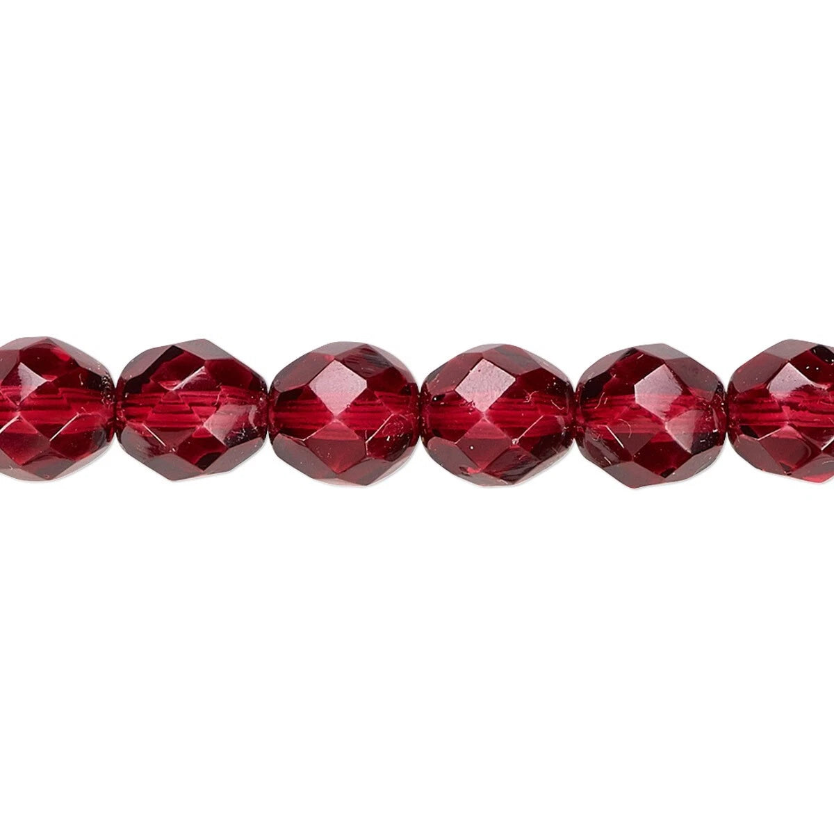 Faceted round beads in a deep red color, shown in a close-up horizontal line on a plain white background.