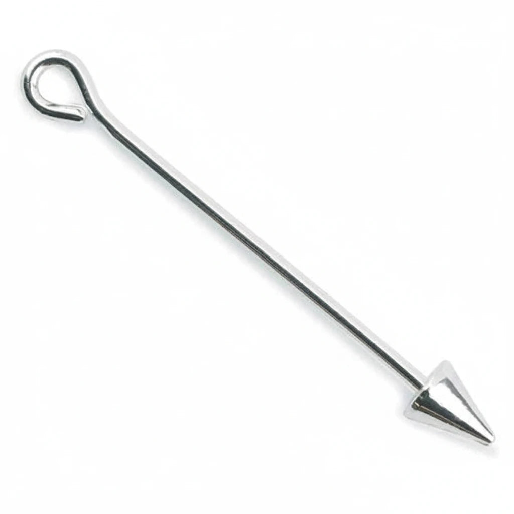 A polished silver metal bar with a looped end and a pointed conical tip, shown diagonally on a plain white background.