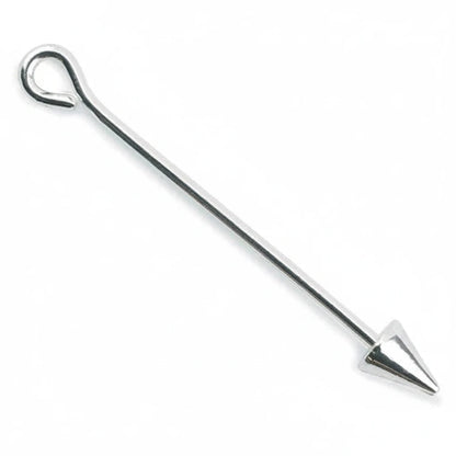 A polished silver metal bar with a looped end and a pointed conical tip, shown diagonally on a plain white background.