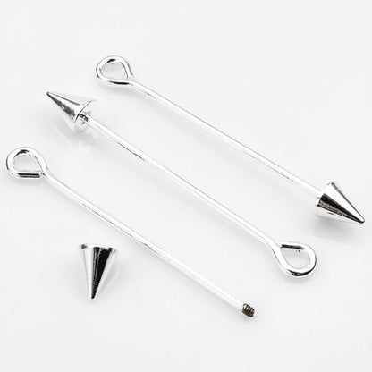 Three silver-toned metal barbell-style findings with looped ends and pointed cone tips, shown on a clean white background. One cone tip is placed separately below.
