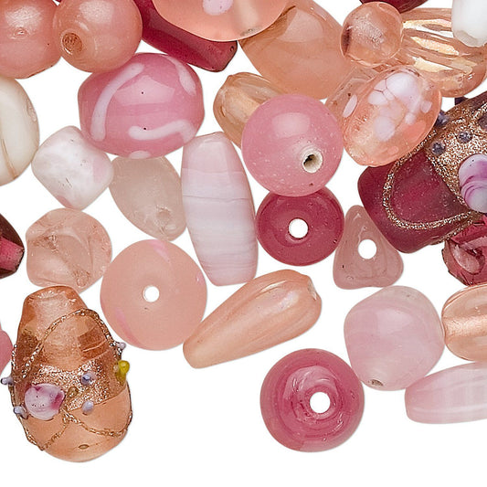Lampwork Glass Pink Fancy Bead Mix, Assorted Shapes, 100g