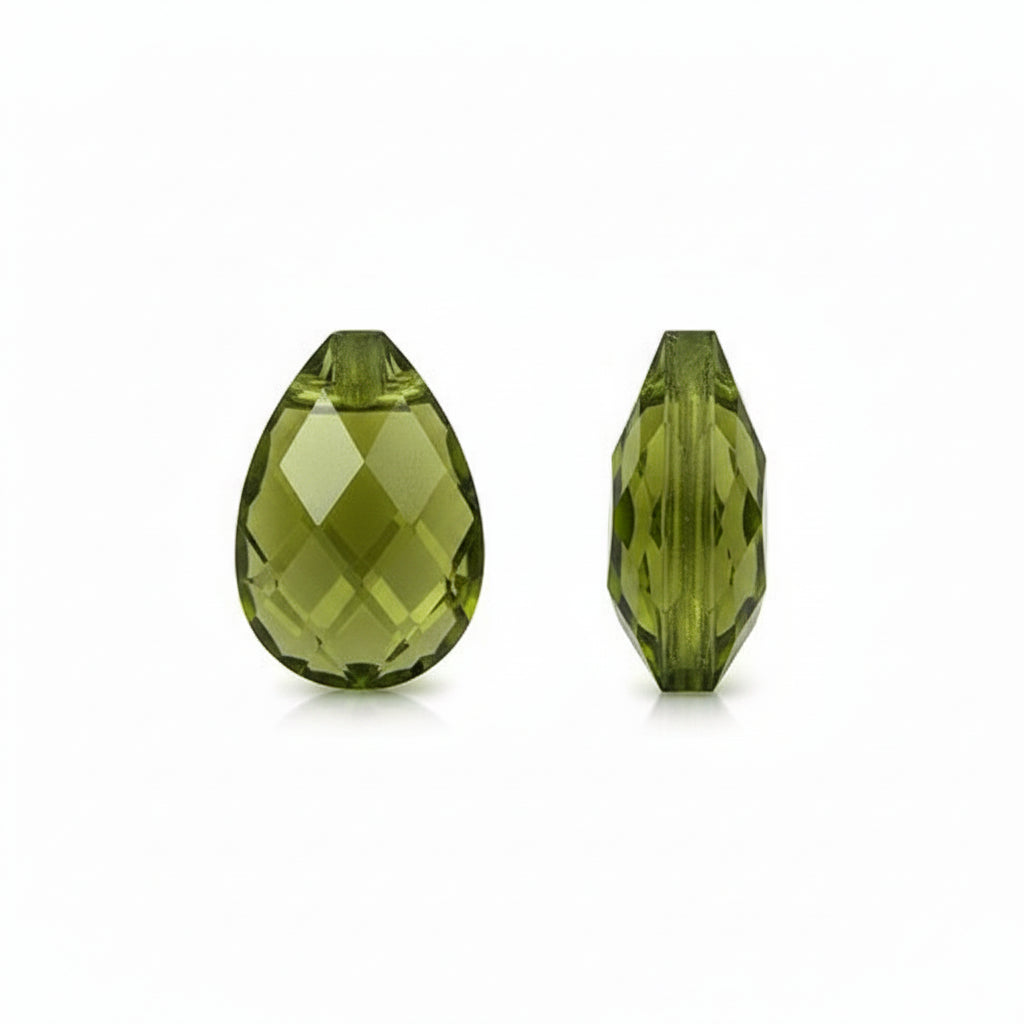 Two faceted olive green teardrop-shaped beads shown on a plain white background, one from the front and one from the side.