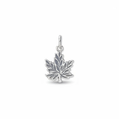 A silver maple leaf pendant charm with an oxidized finish, shown against a plain white background with a dashed line indicating its attachment loop.