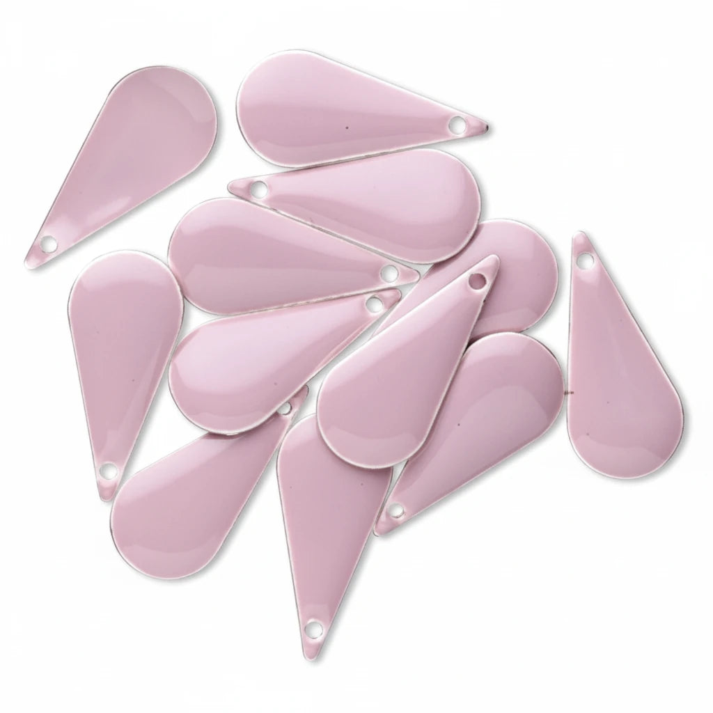 A pile of glossy light pink teardrop-shaped jewelry findings or charms with pre-drilled holes, arranged on a plain white background.