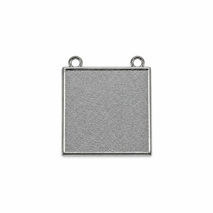 A square silver-toned metal pendant or charm with two small hanging loops at the top corners, shown on a plain white background.