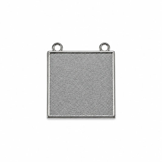 A square silver-toned metal pendant or charm with two small hanging loops at the top corners, shown on a plain white background.
