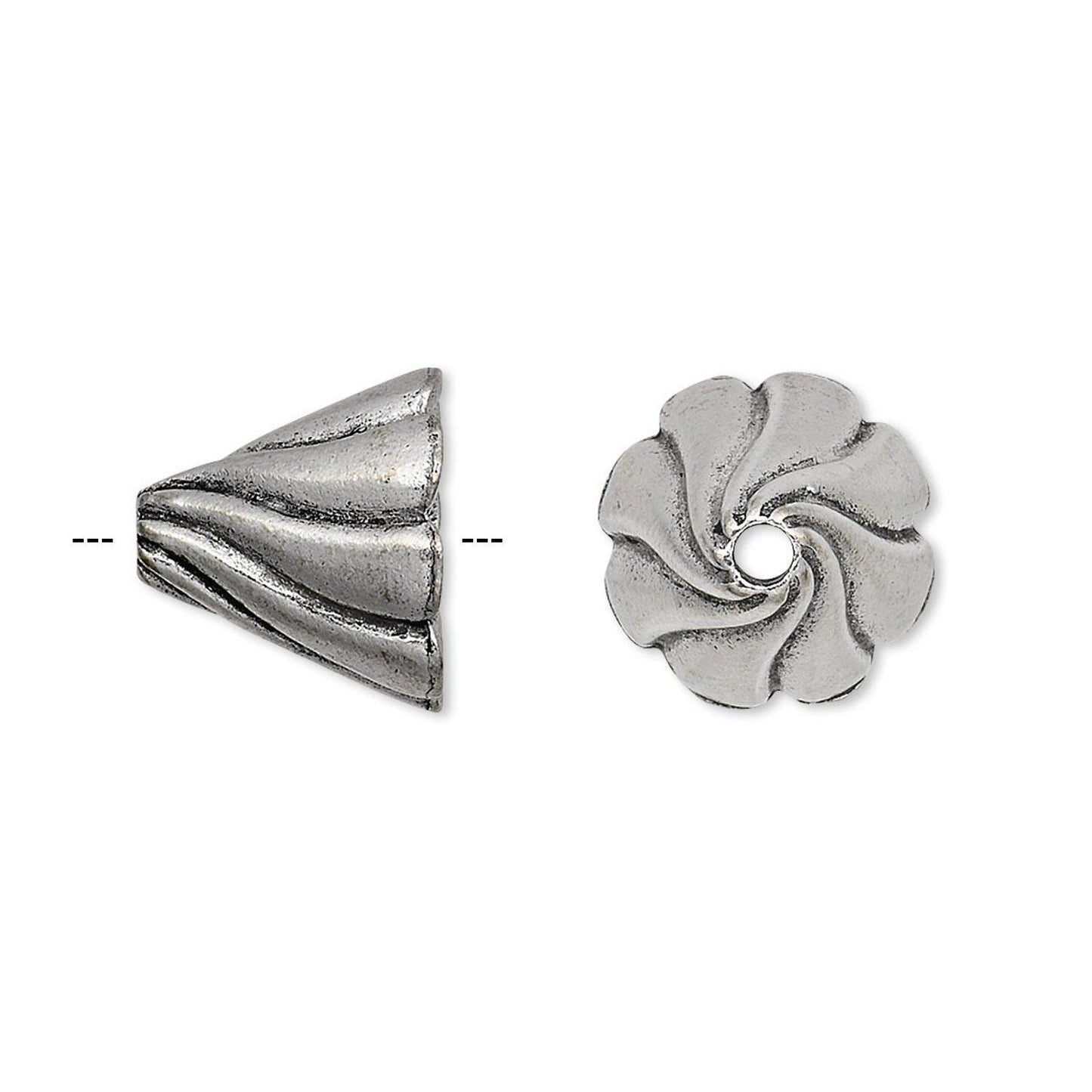 Antiqued Silver Pewter Swirl Cone Bead Caps, 13x12mm, 2 pcs