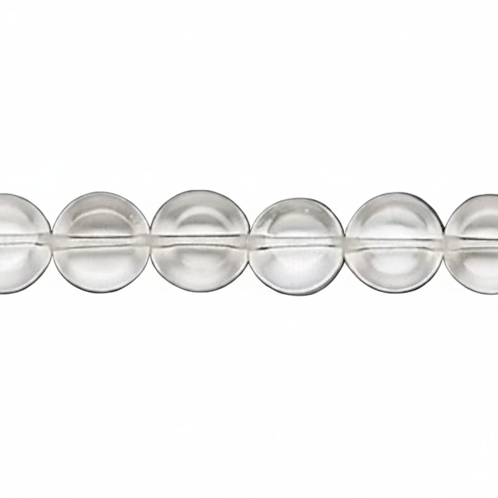 A close-up of a strand of clear, round glass beads on a dark gray background.