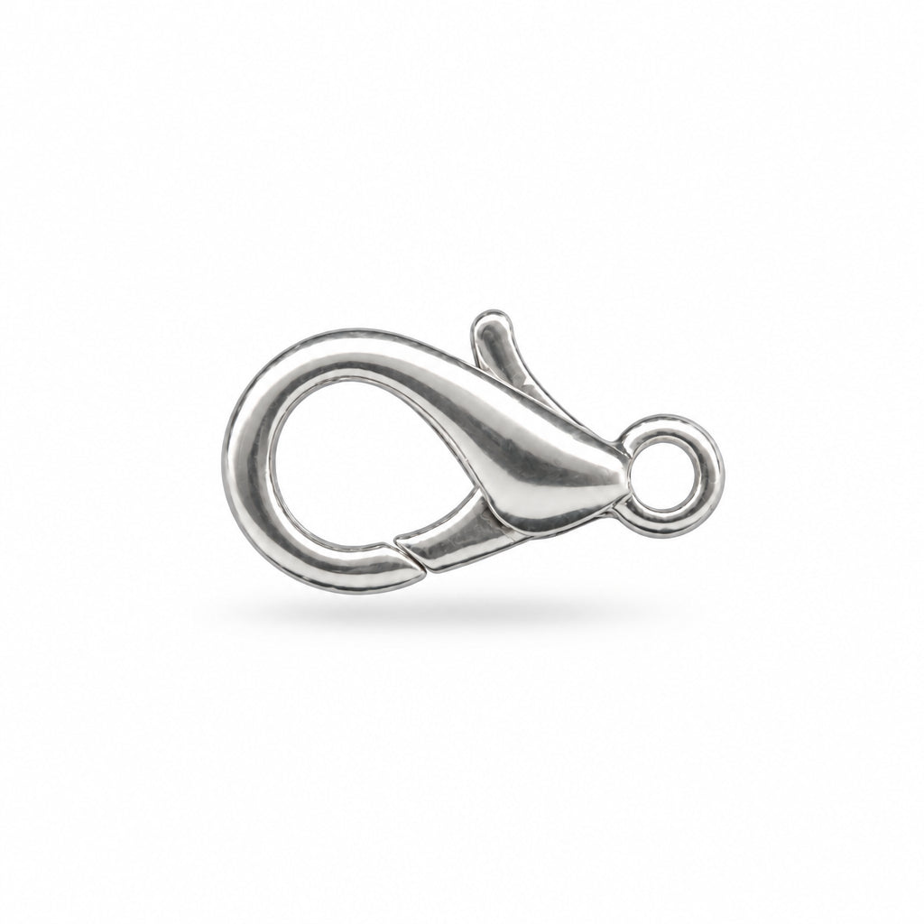 A single silver-toned lobster clasp with a small loop at the top right, shown on a plain white background.
