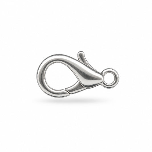 A single silver-toned lobster clasp with a small loop at the top right, shown on a plain white background.