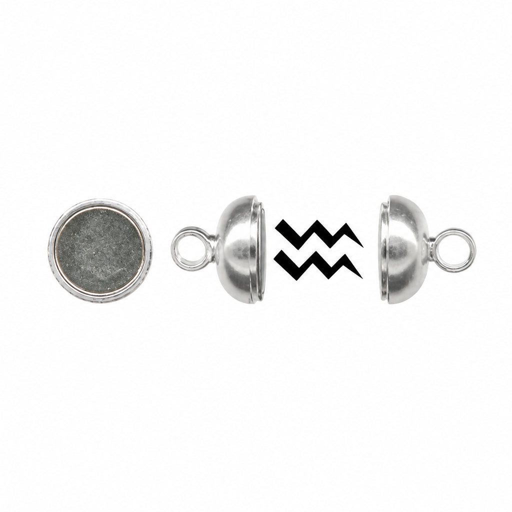 Close-up of silver jewelry components on a white background with Aquarius symbol.