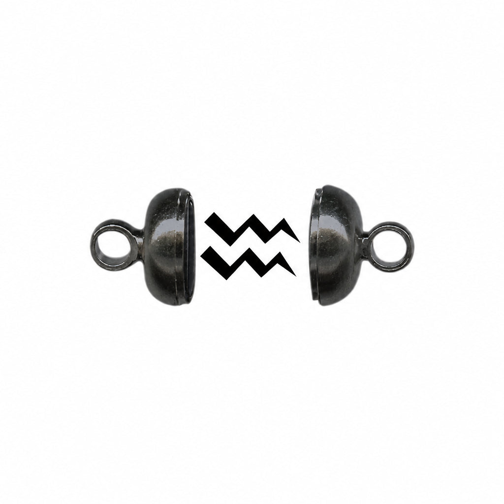 Two black metal split ring connectors with a black chevron graphic overlay in the center, shown on a plain white background.