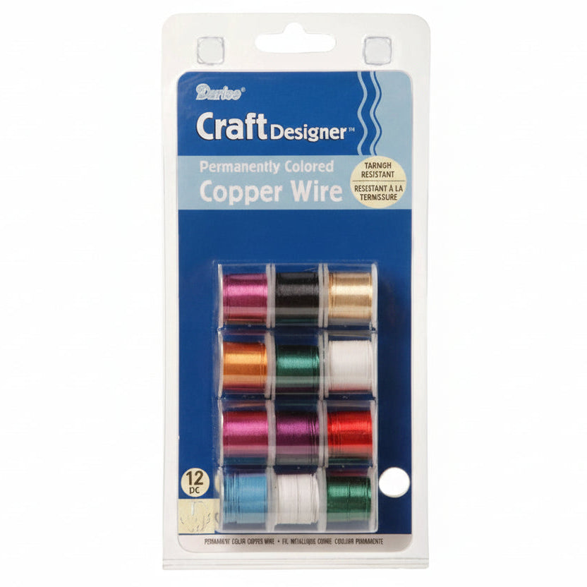 A 12-pack of CraftDesigner permanently colored copper wire in various colors, packaged in a clear plastic blister pack with a blue cardboard backing.