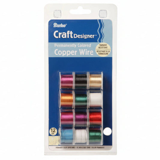 A 12-pack of CraftDesigner permanently colored copper wire in various colors, packaged in a clear plastic blister pack with a blue cardboard backing.