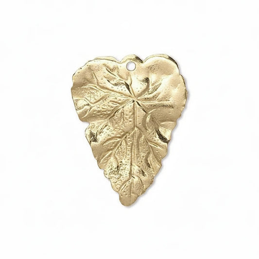 A single metallic gold leaf-shaped pendant with a textured leaf pattern and a small hanging hole at the top, shown on a plain white background.
