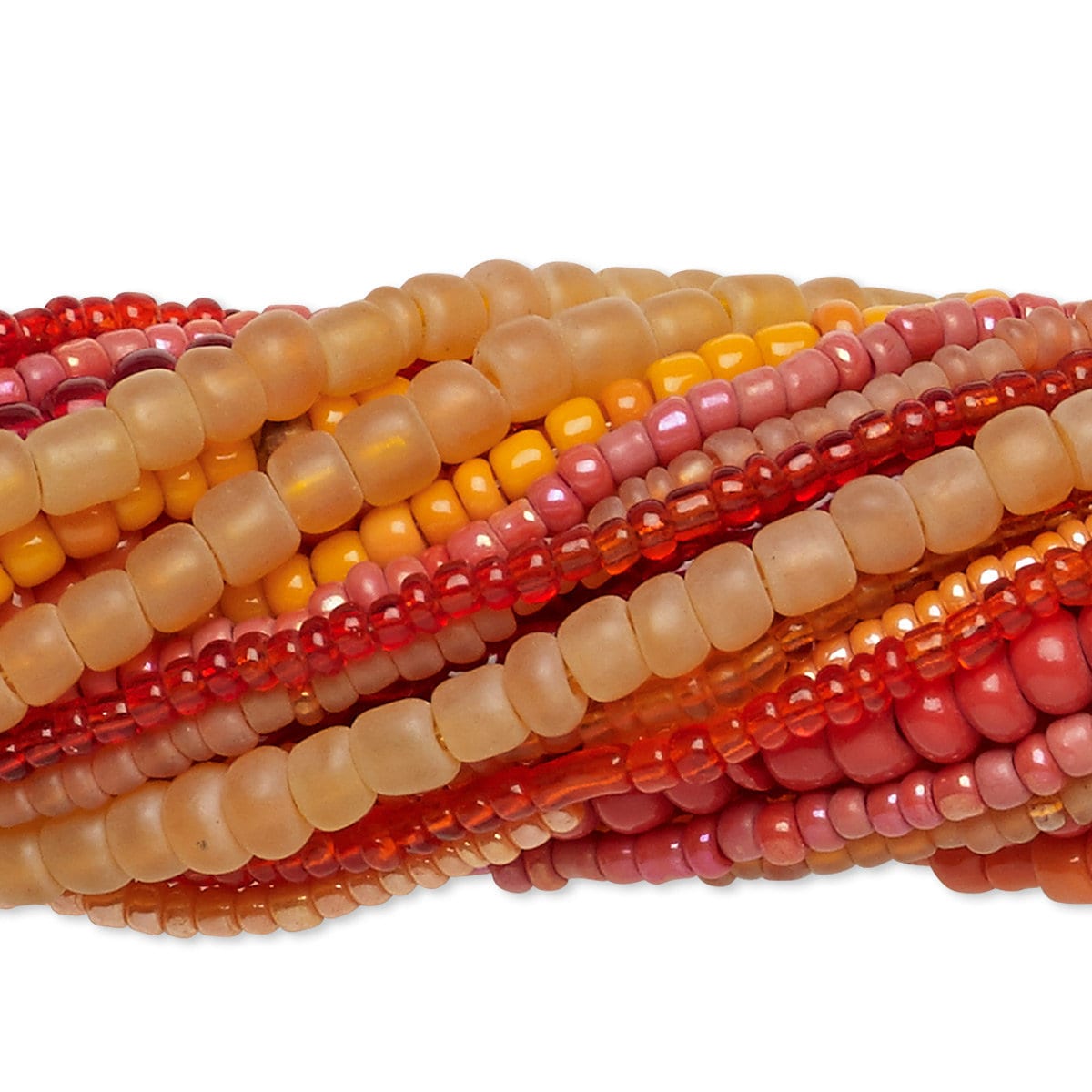 Stack of multicolored beads on a white background
