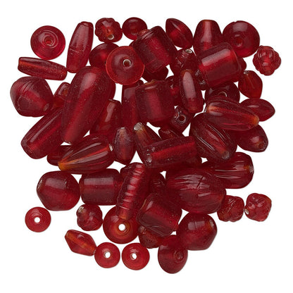 India Pressed Glass Bead Mix: Transparent Red, Assorted Shapes & Sizes (50g, ~60-100 pc)