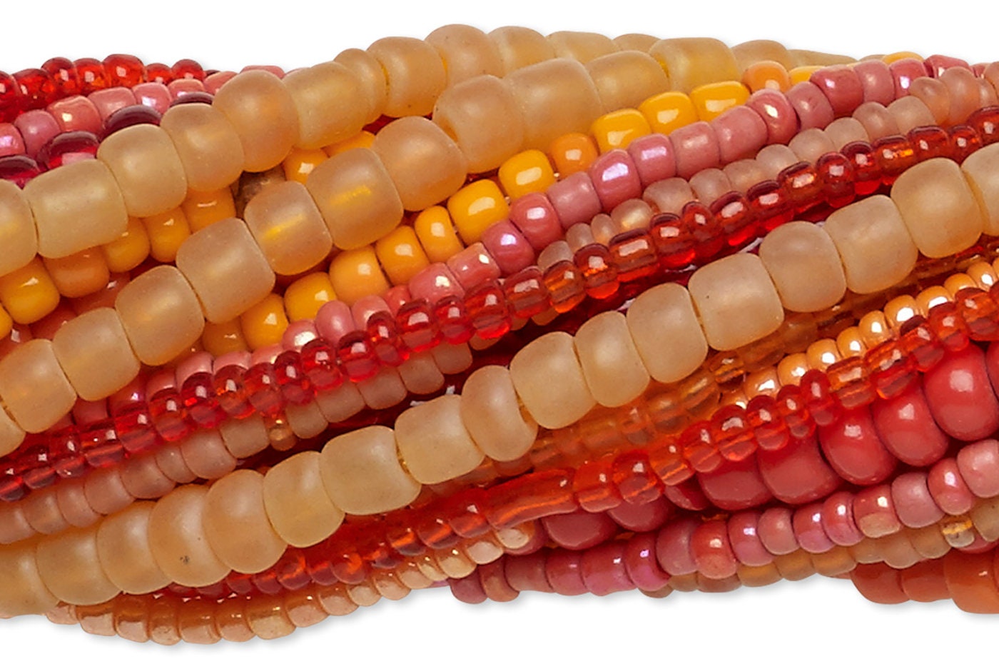 Stack of multicolored beads on a white background