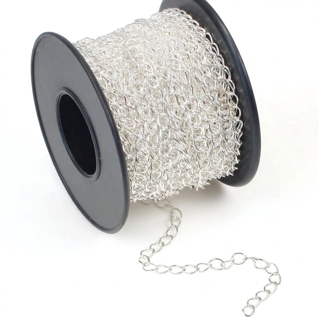 A spool of silver-colored metal chain link trim with a black plastic core, shown on a clean white background.