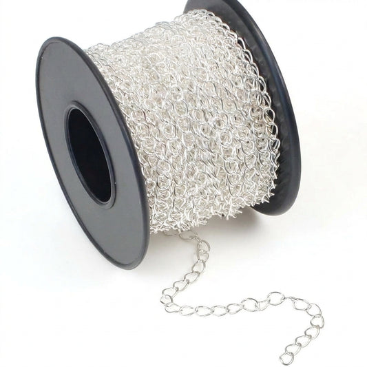 A spool of silver-colored metal chain link trim with a black plastic core, shown on a clean white background.