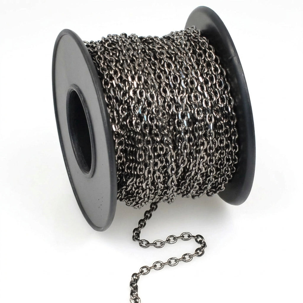 A spool of dark metallic chain links, shown on a clean white background with a short section of the chain draped in front.