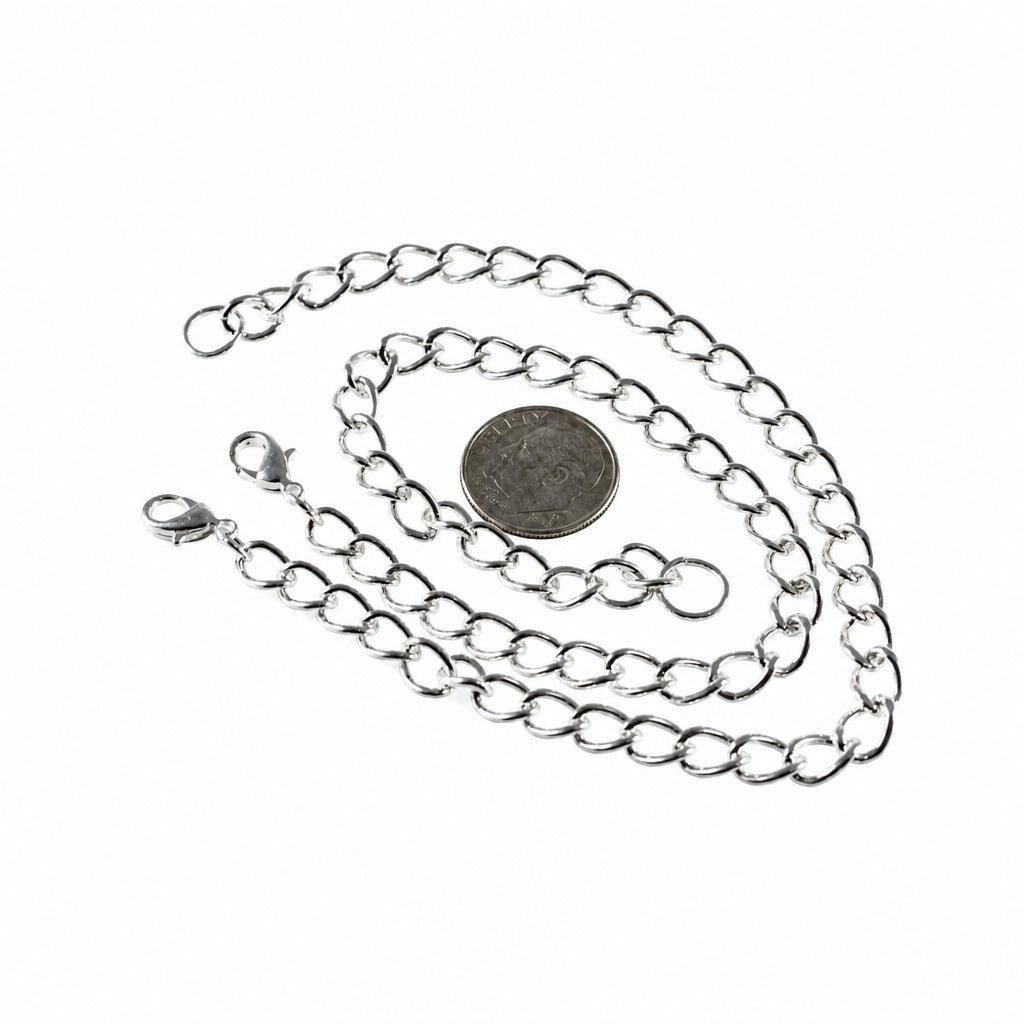 A silver chain necklace with oval links, shown coiled on a white background with a coin for scale.