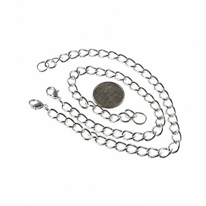 A silver chain necklace with oval links, shown coiled on a white background with a coin for scale.
