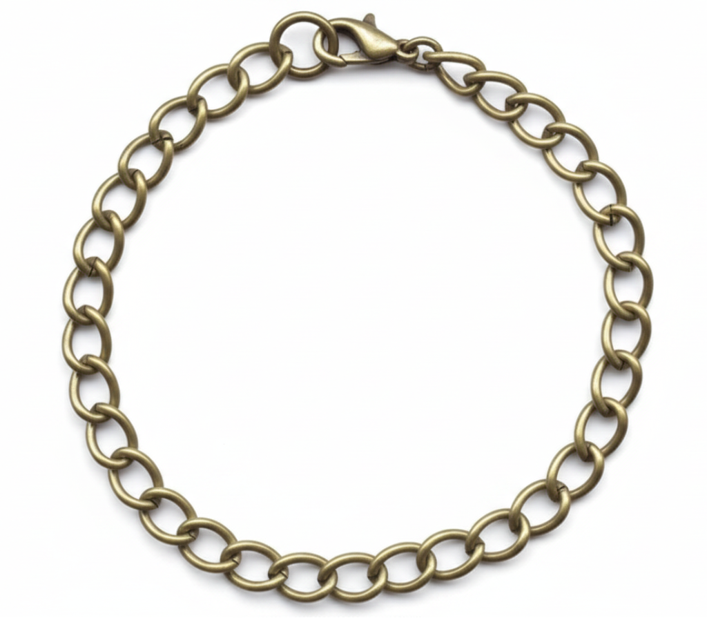 An antique bronze chain link bracelet with a lobster clasp, shown against a plain white background.