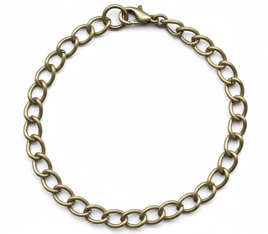 An antique bronze chain link bracelet with a lobster clasp, shown against a plain white background.