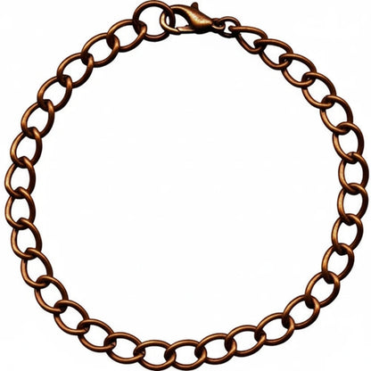 A copper-toned metal chain bracelet with a lobster clasp, shown against a plain white background.