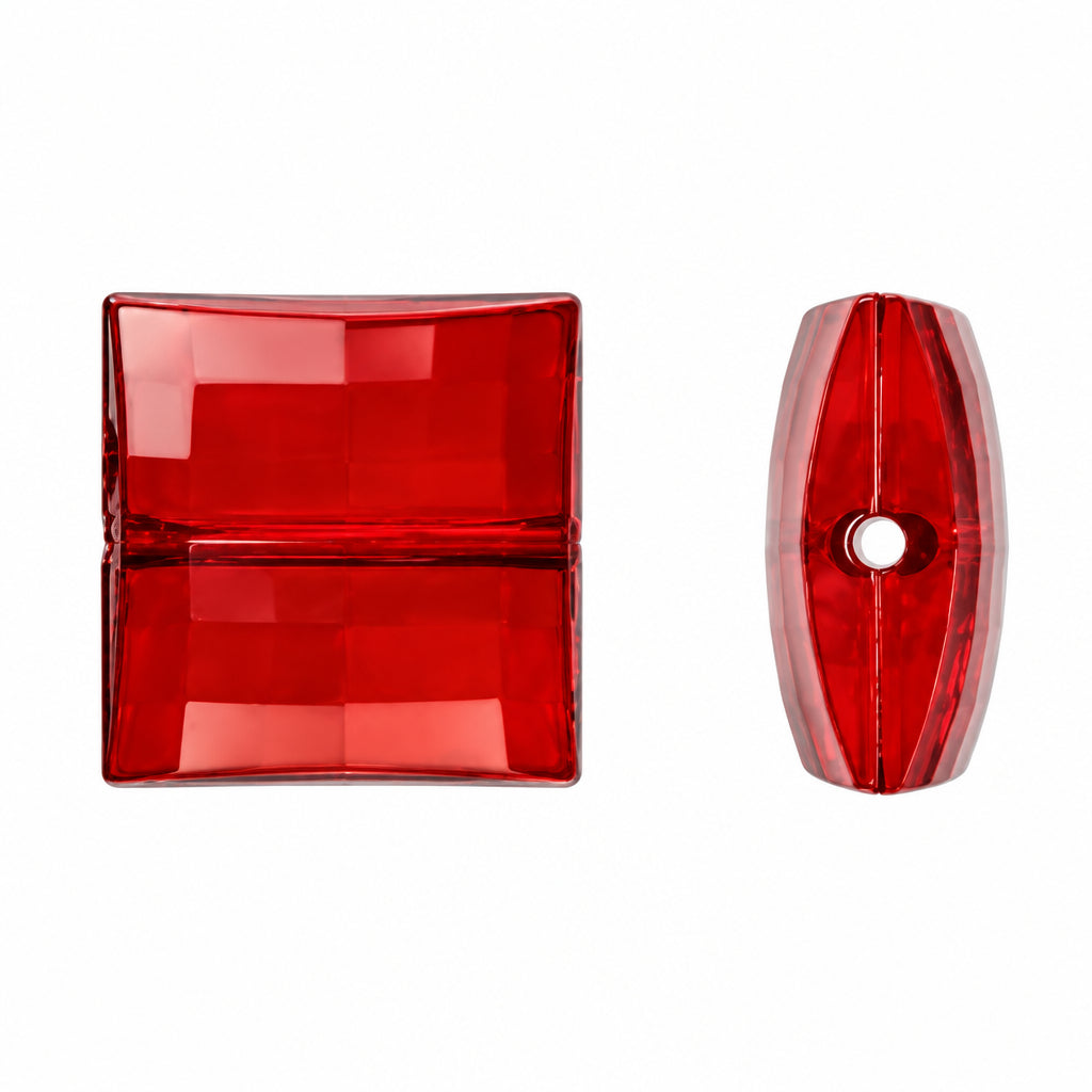 A pair of red translucent square beads, one shown from a top-down perspective revealing its layered square shape and the other from a side profile showing its teardrop form with a central hole, on a plain white background.