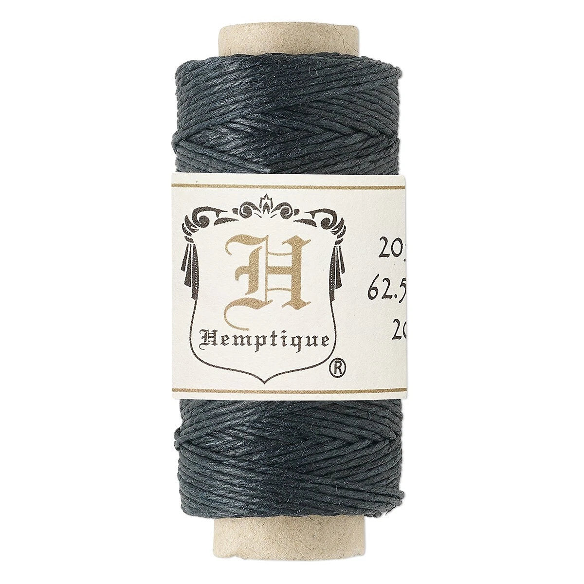 A spool of dark charcoal gray thread with a cream-colored paper label featuring the Hemptique brand logo, set against a plain white background.