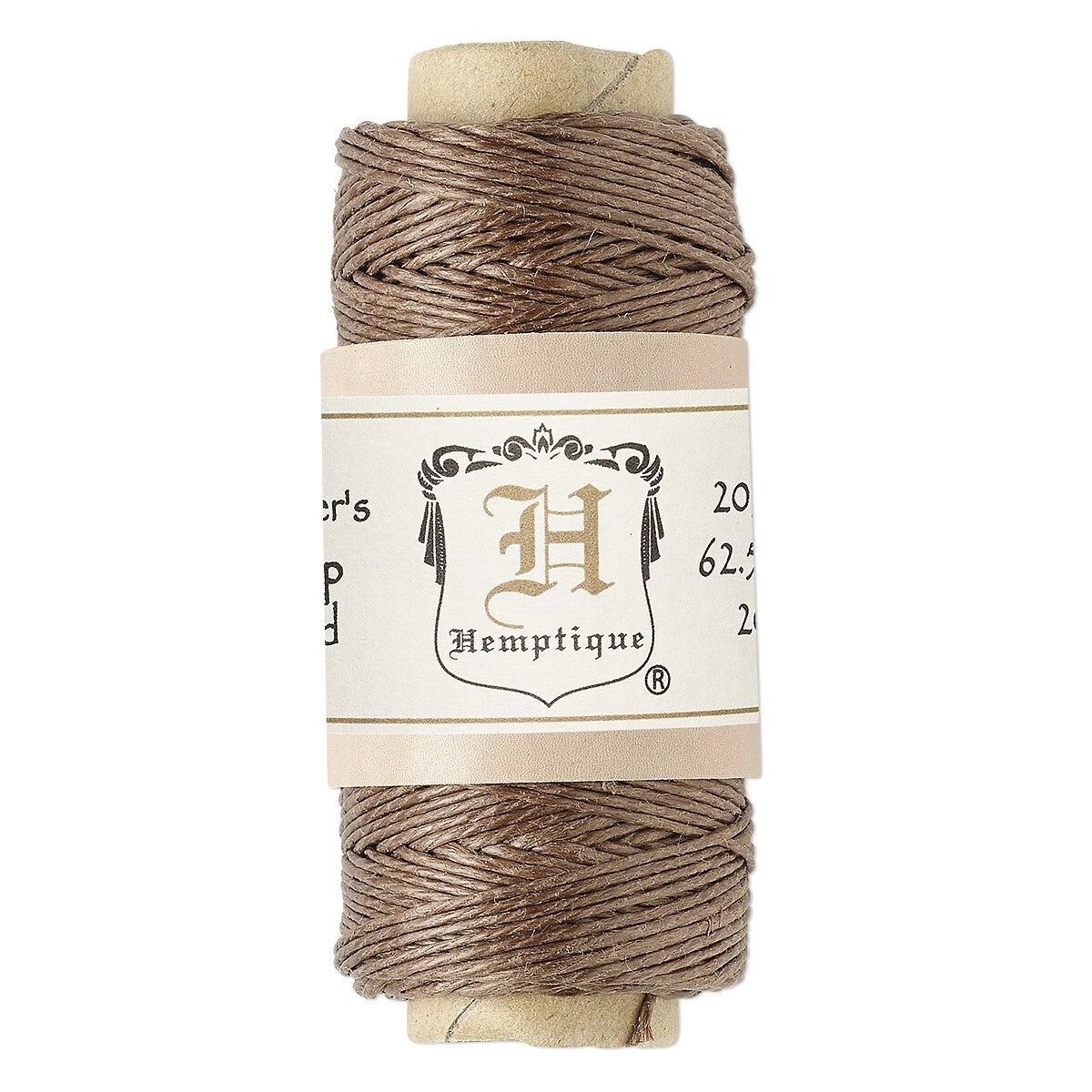 A spool of Hemptique embroidery thread in a warm taupe-brown color, wound on a light tan cardboard core with a cream paper label band.