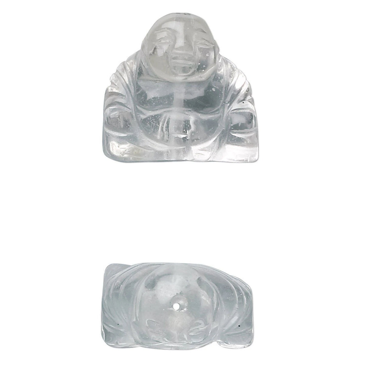 A small transparent carved figurine shown from two angles on a plain white background, likely made of clear acrylic or glass.