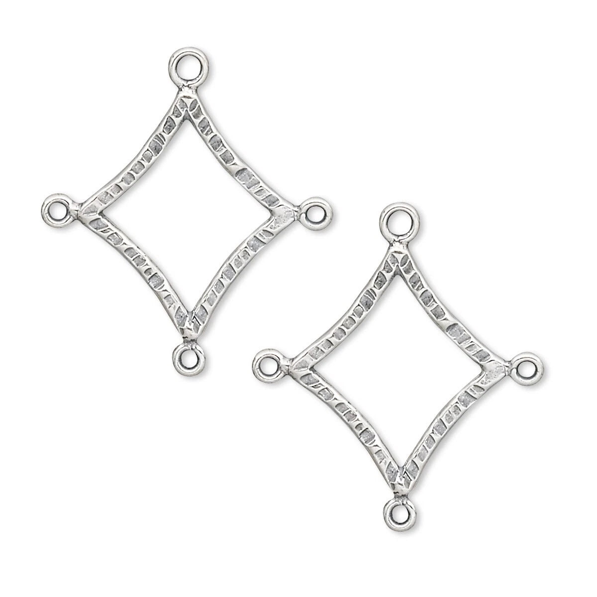 Two silver diamond-shaped jewelry findings with textured edges and loop attachments, shown on a plain white background.