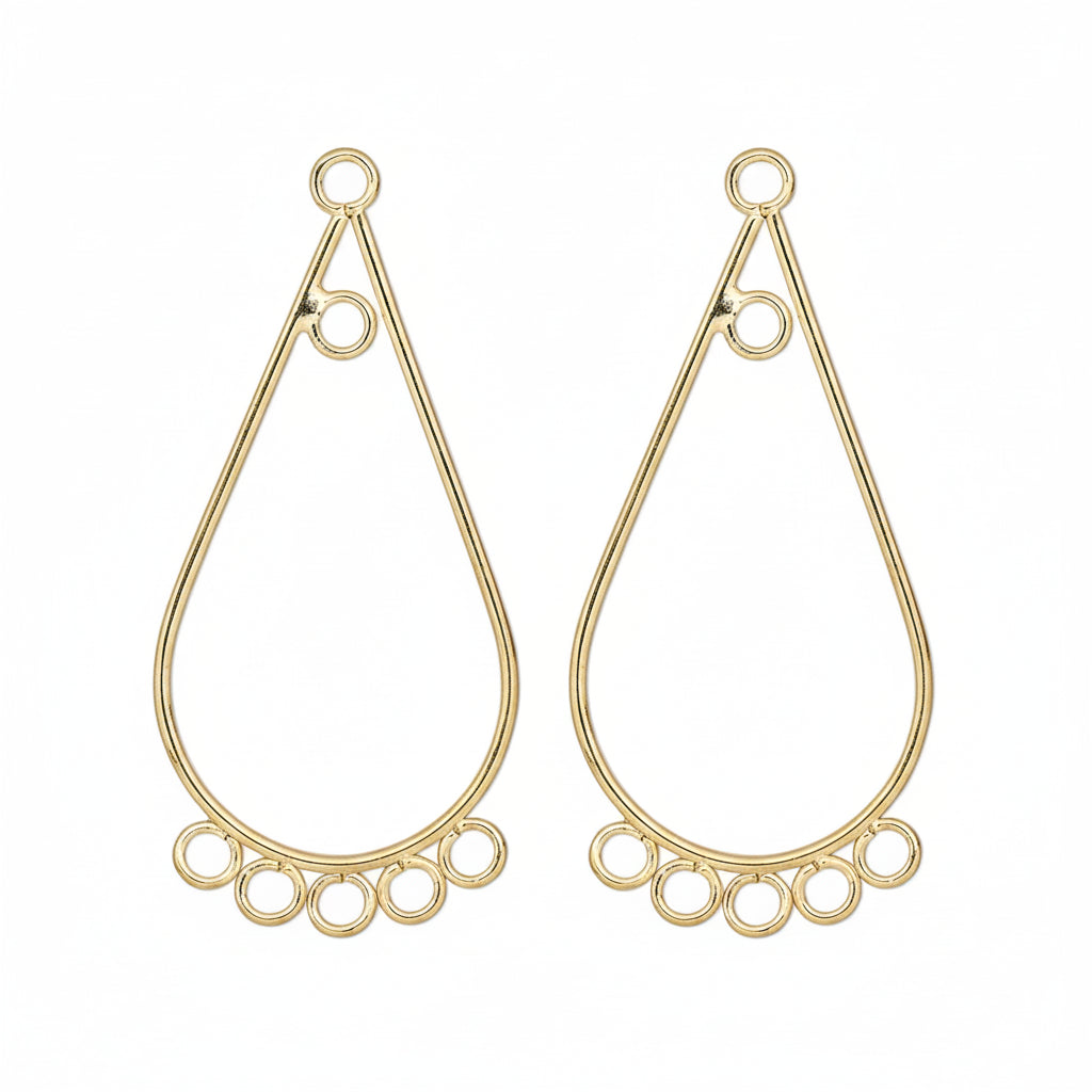 A pair of gold-plated teardrop-shaped wire hoop earrings with small circular cutouts along the bottom, shown on a plain white background.