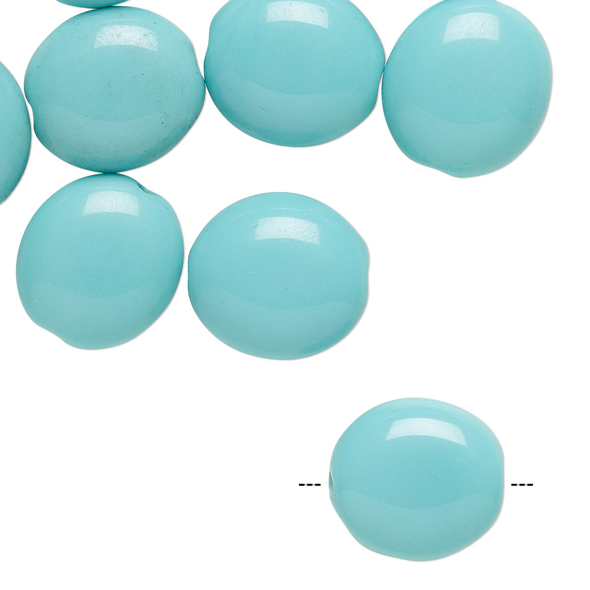 Light turquoise blue round beads on a white background, with one bead shown separately at the bottom right and dashed measurement guides indicating its size.