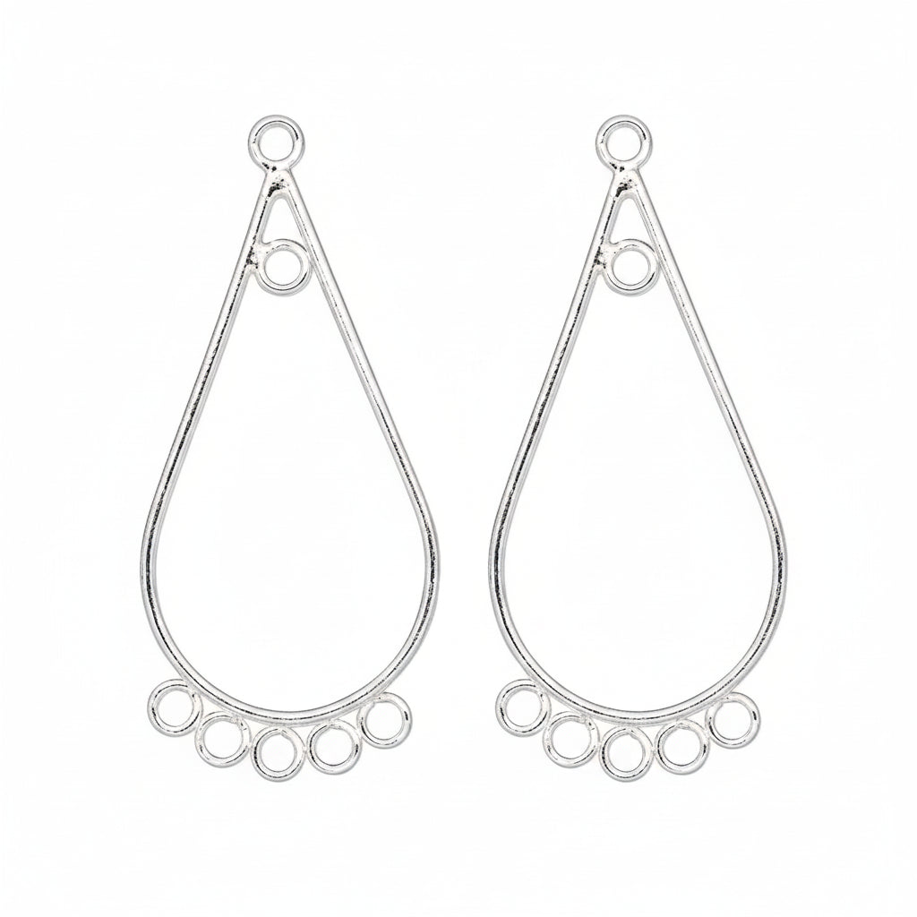 Three silver teardrop-shaped dangle earrings with circular ring details at the top and bottom, shown on a plain white background.