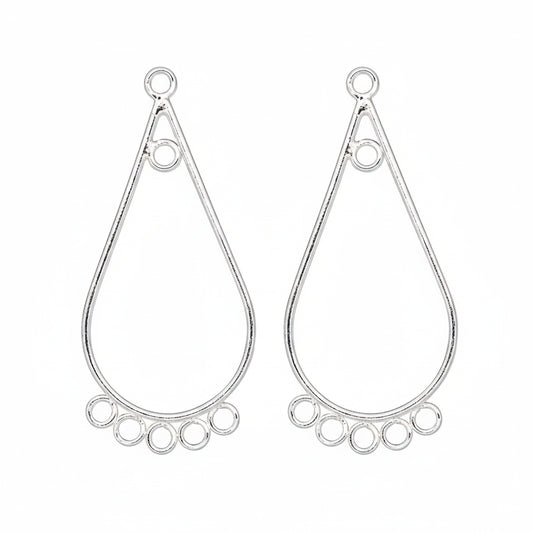 Three silver teardrop-shaped dangle earrings with circular ring details at the top and bottom, shown on a plain white background.