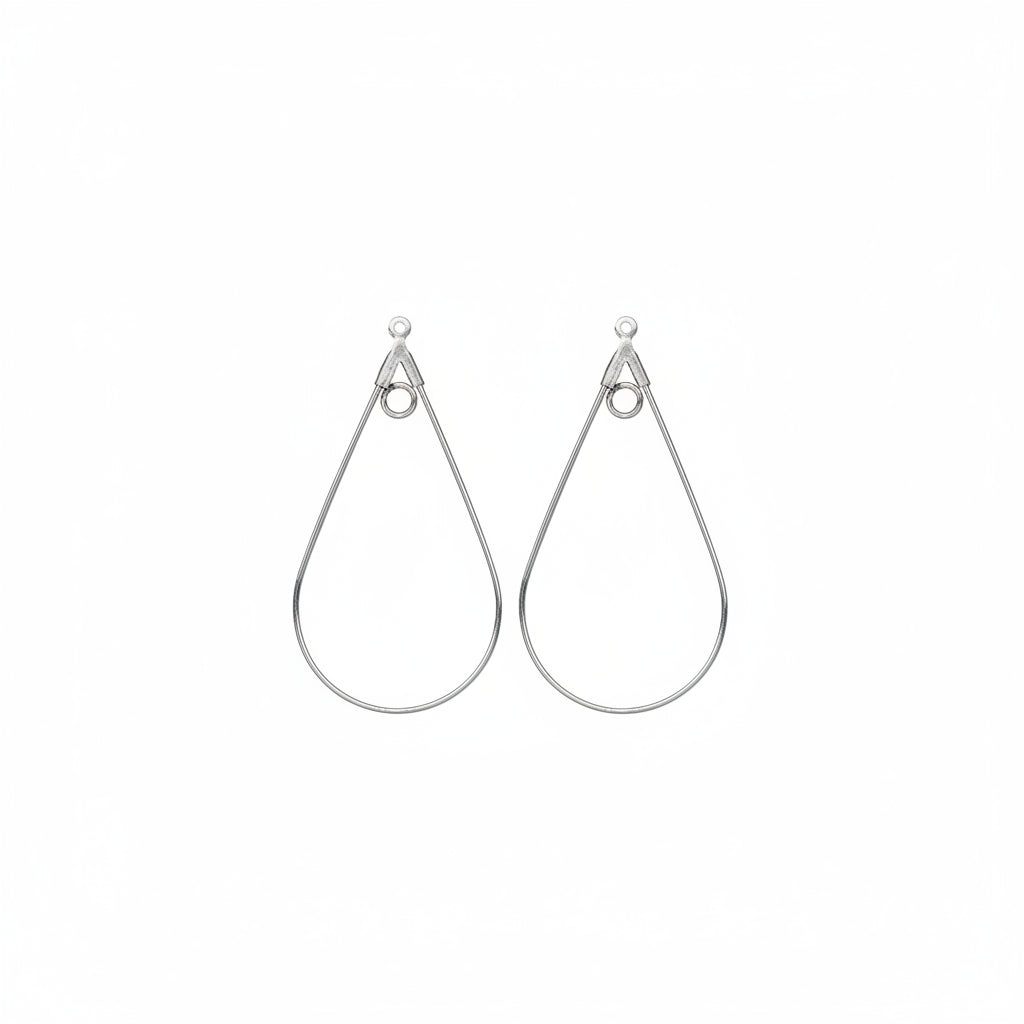 A pair of silver teardrop-shaped dangle earrings with a spring ring clasp, shown on a plain white background.