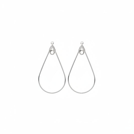 A pair of silver teardrop-shaped dangle earrings with a spring ring clasp, shown on a plain white background.