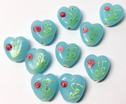 Lampworked Glass 3D Light Blue Heart Focal Beads with Pink Flowers 15x15x7mm — 10 pcs