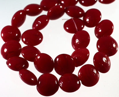 Lampwork Glass Opaque Dark Red Puffed Coin Beads 15-16mm — 1 Strand (26-28 pcs)