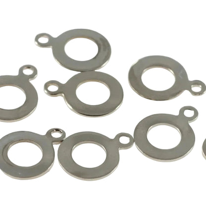 Nine silver metal split ring jump rings with small attachment loops, arranged on a plain white background.