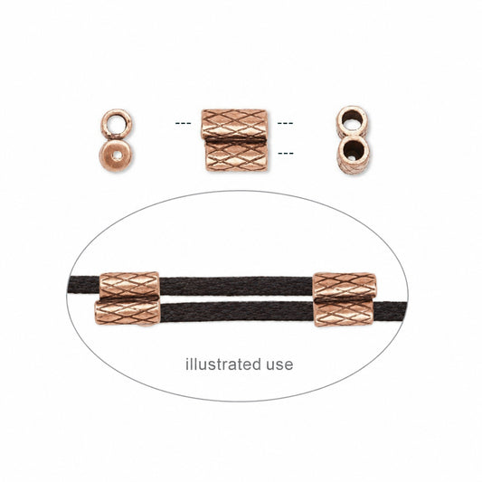 copper braided cord bead shown in multiple views, including a circular inset demonstrating its use on black cords, on a plain white background.