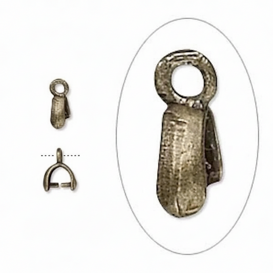 An antique bronze metal lobster clasp shown from multiple angles, including a large close-up inside an oval frame and two smaller side views on the left, set against a plain white background.