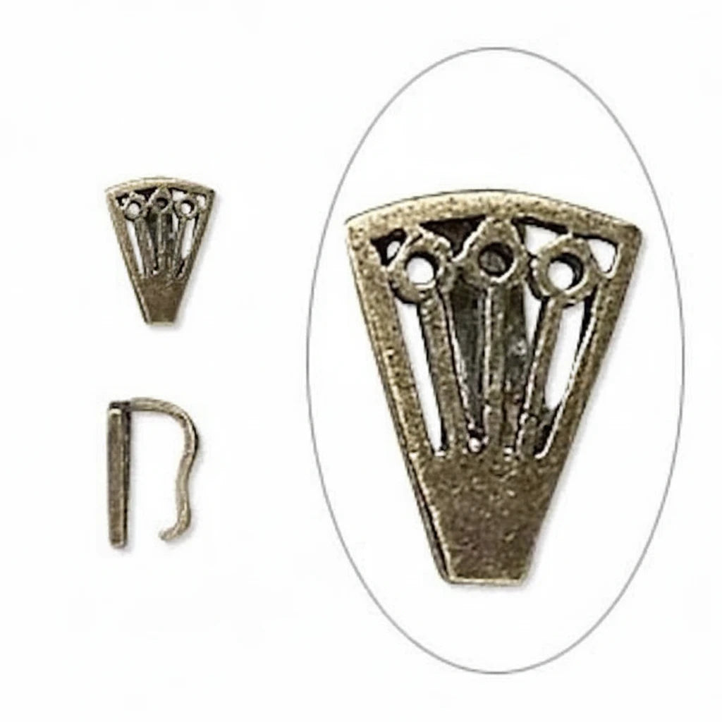 An antique bronze metal jewelry finding, shown in a main close-up view inside an oval frame, alongside two smaller views showing its front design and side profile on a white background.